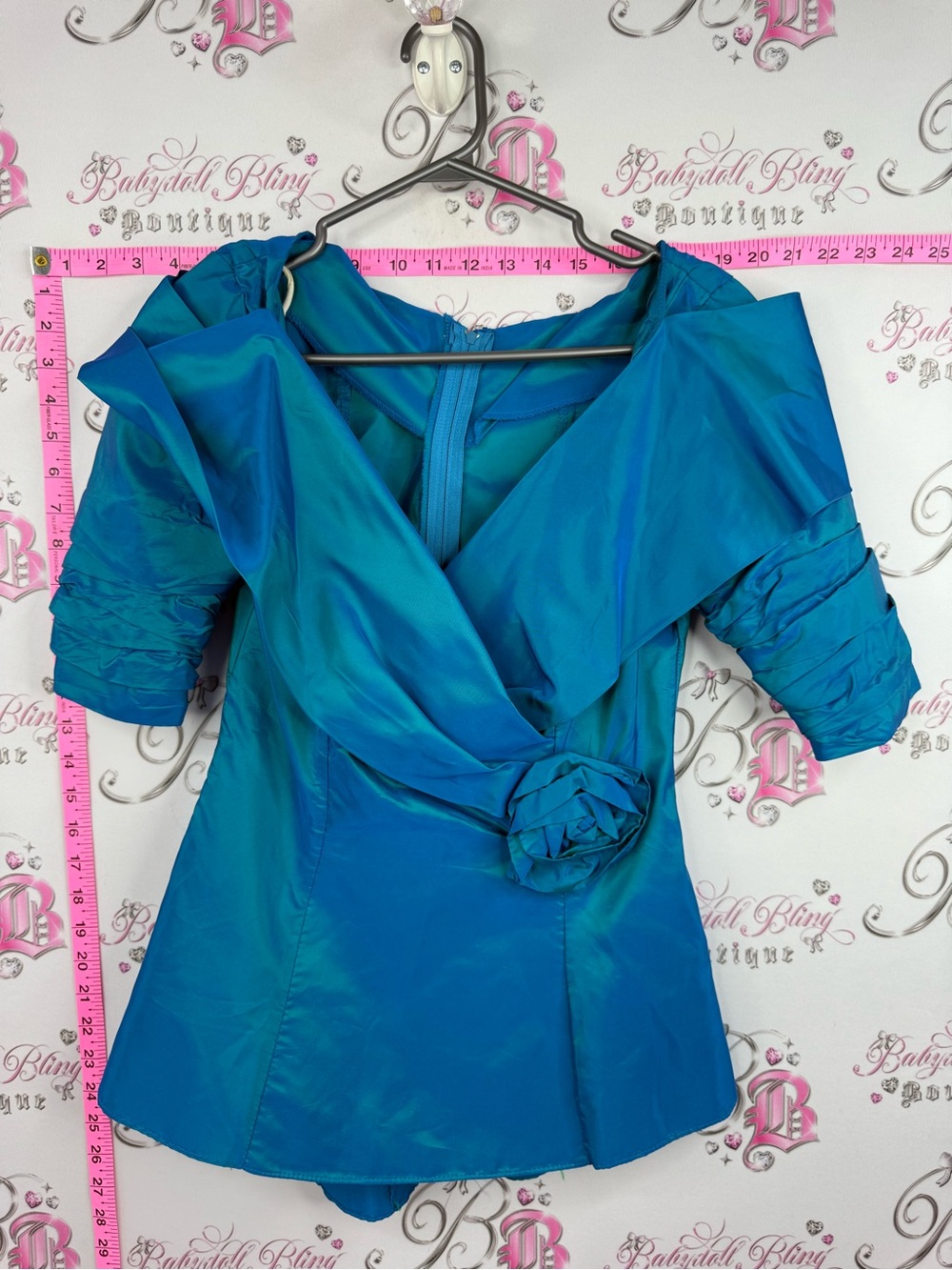 DANCE ALLURE vintage top rose Satin Teal Wrap-Front Blouse with Rosette Accent